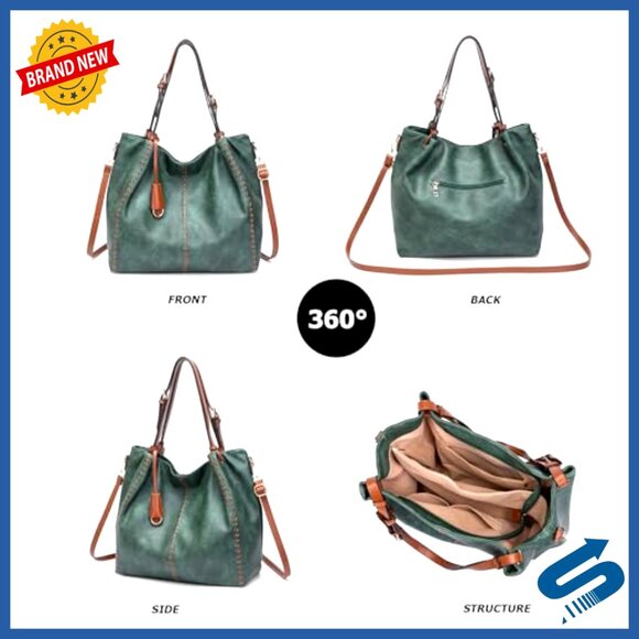 Soft Leather Hobo Shoulder Bag Tote with Rivet Detail Structured Purse - Picture 5 of 7